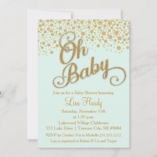 Oh Baby Shower Invitation  Mint and Gold Glitter