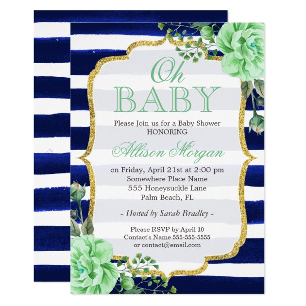 Oh Baby Shower Mint Floral Gold Navy Stripes Invitation