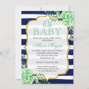 Oh Baby Shower Mint Floral Gold Navy Stripes Invitation