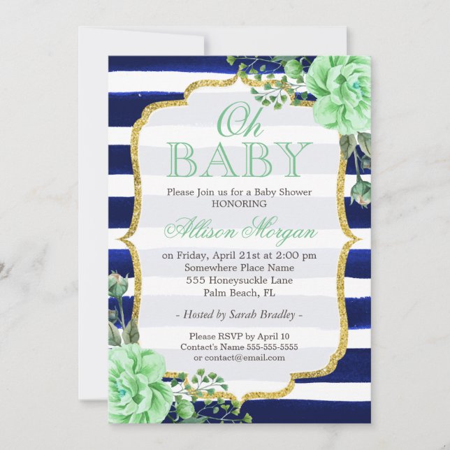 Oh Baby Shower Mint Floral Gold Navy Stripes Invitation (Front)