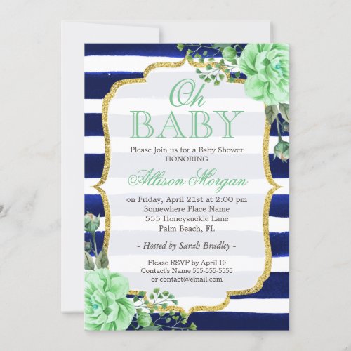 Oh Baby Shower Mint Floral Gold Navy Stripes Card