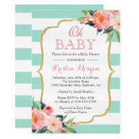 Oh Baby Shower Mint Green Stripes Pink Floral Card