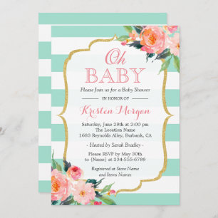 Oh Baby Shower Mint Green Stripes Pink Floral Invitation