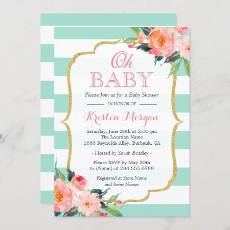 Oh Baby Shower Mint Green Stripes Pink Floral Invitation