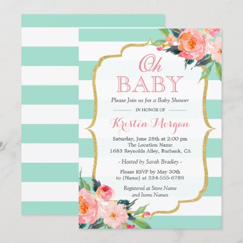 Oh Baby Shower Mint Green Stripes Pink Floral Card