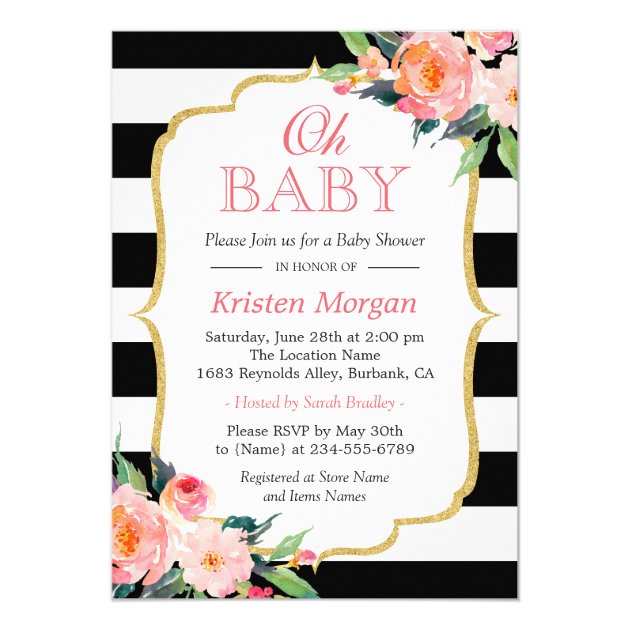 Oh Baby Shower Modern Floral Gold Frame Stripes Invitation