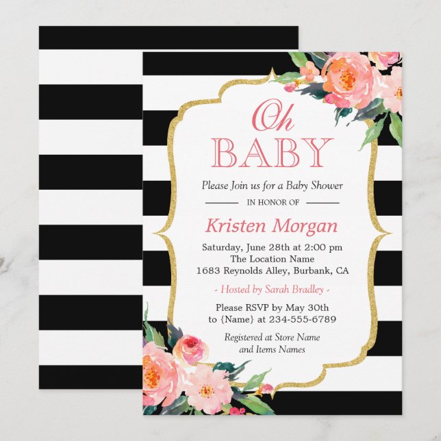 Oh Baby Shower Modern Floral Gold Frame Stripes Invitation (Front/Back)