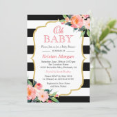Oh Baby Shower Modern Floral Gold Frame Stripes Invitation (Standing Front)