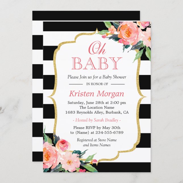Oh Baby Shower Modern Floral Gold Frame Stripes Invitation (Front/Back)
