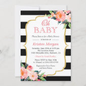 Oh Baby Shower Modern Floral Gold Frame Stripes Invitation (Front)
