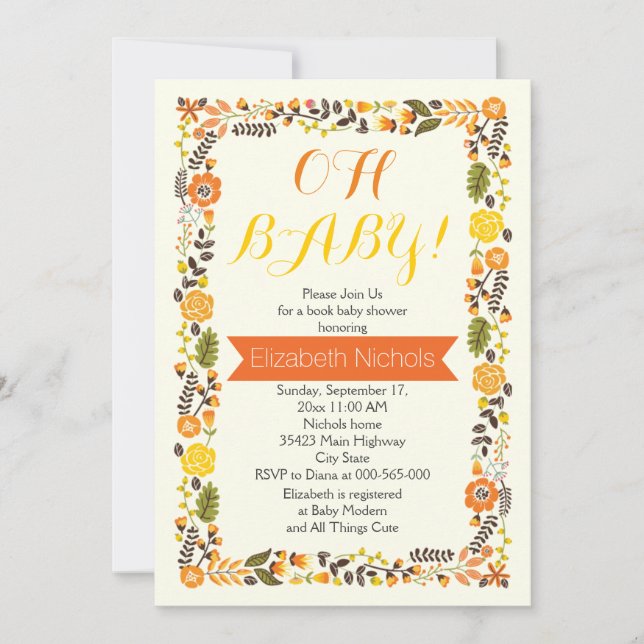 Oh Baby shower orange and yellow floral border Invitation (Front)