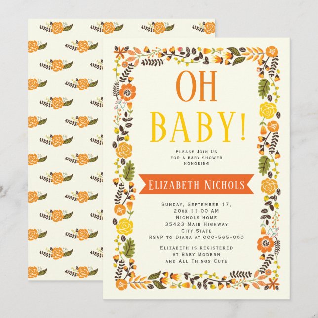 Oh Baby shower orange and yellow floral border Invitation (Front/Back)