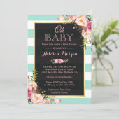 Oh Baby Shower Pink Floral Mint Green Stripes Invitation (Standing Front)