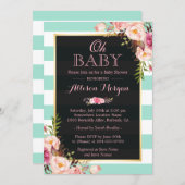Oh Baby Shower Pink Floral Mint Green Stripes Invitation (Front/Back)