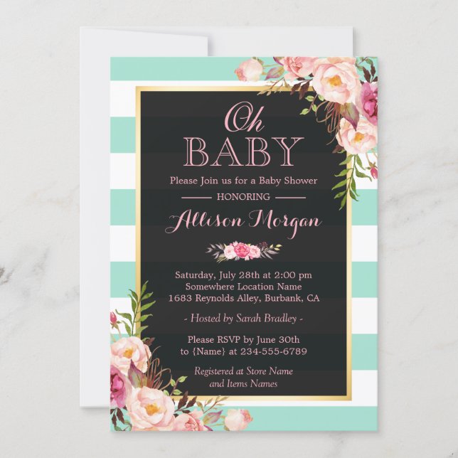 Oh Baby Shower Pink Floral Mint Green Stripes Invitation (Front)