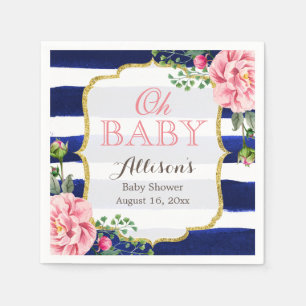 Oh Baby Shower Pink Floral Navy Blue Stripes Napkins