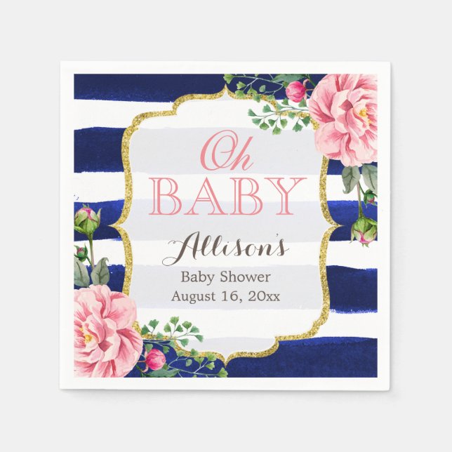 Oh Baby Shower Pink Floral Navy Blue Stripes Napkins (Front)