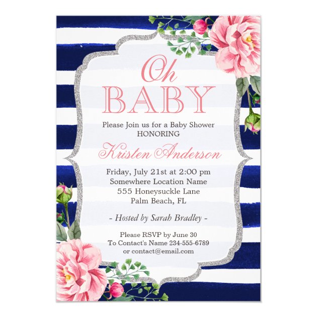 Oh Baby Shower Pink Floral Silver Navy Blue Stripe Invitation
