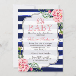 Oh Baby Shower Pink Floral Silver Navy Blue Stripe Invitation