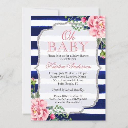Oh Baby Shower Pink Floral Silver Navy Blue Stripe Card