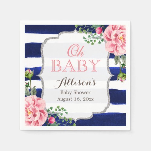 Oh Baby Shower Pink Floral Silver Navy Stripes Napkins