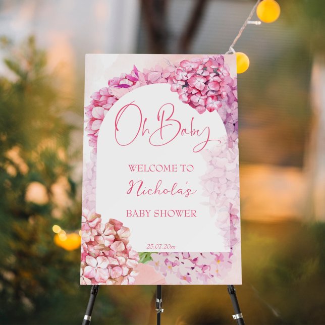 Oh baby shower pink hydrangeas arch welcome sign (Oh baby pink hydrangeas baby shower welcome sign board modern floral arch calligraphy script)