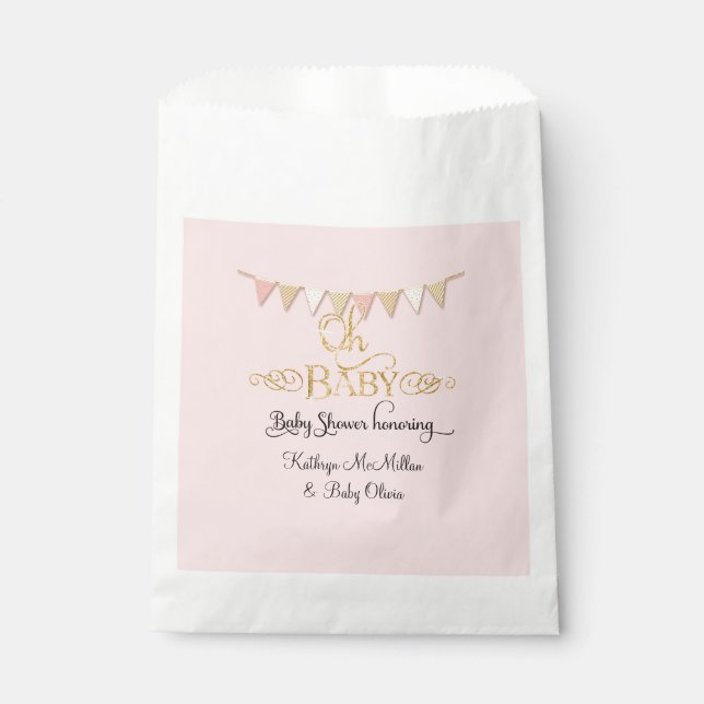 Oh Baby Shower Pink n Gold Banner Typography Girls Favor Bag (Front)