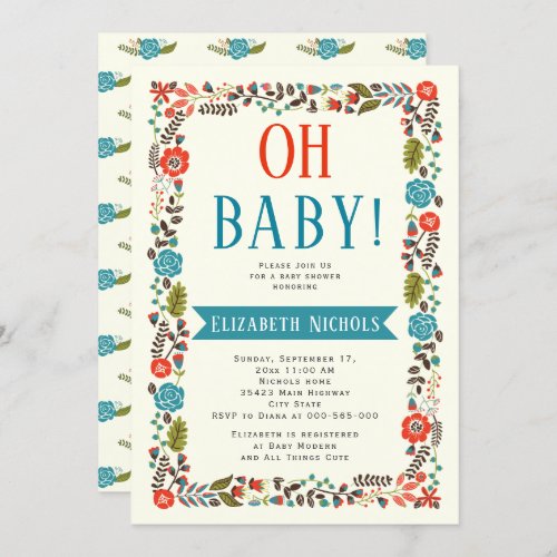 Oh Baby shower red and teal modern floral border Invitation