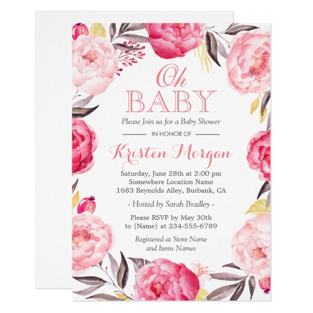 Oh Baby Shower Romantic Botanical Floral Wreath Invitation