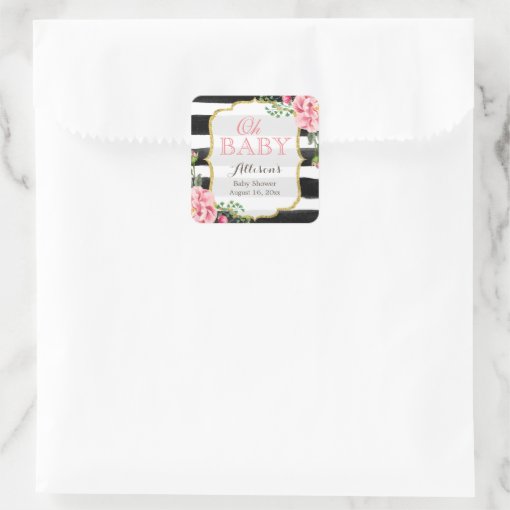 Oh Baby Shower Romantic Pink Floral Gold Stripes Square Sticker | Zazzle