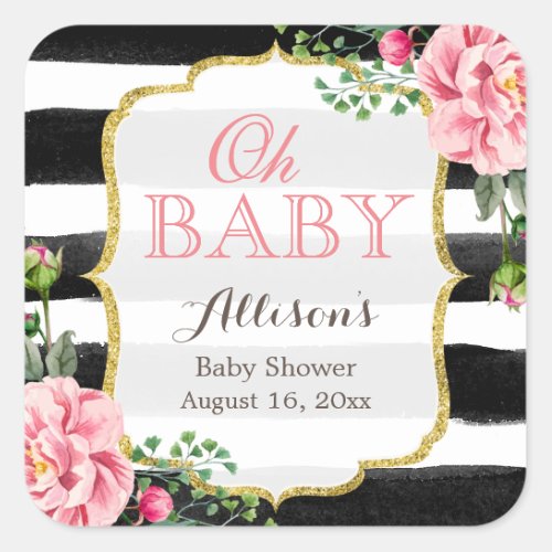 Oh Baby Shower Romantic Pink Floral Gold Stripes Square Sticker