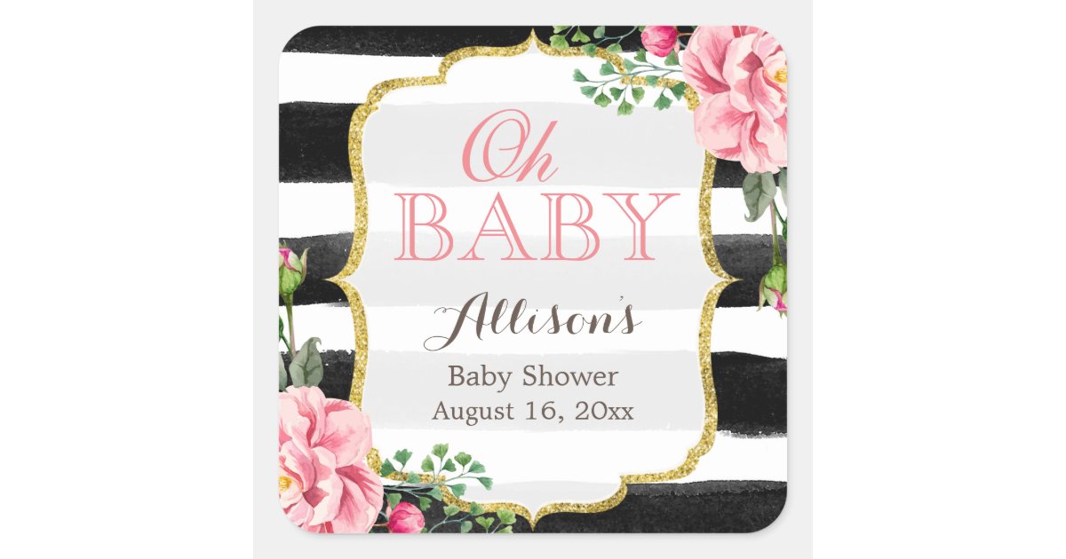 Oh Baby Shower Romantic Pink Floral Gold Stripes Square Sticker | Zazzle