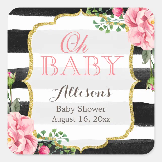 Oh Baby Shower Romantic Pink Floral Gold Stripes Square Sticker | Zazzle