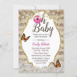 Oh Baby Shower Rustic Baby's Breath Floral Musical Invitation