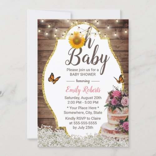 Oh Baby Shower Rustic Floral Cake Sunflower Invitation