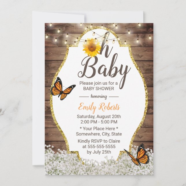 Oh Baby Shower Rustic Floral Sunflowers Butterfly Invitation (Front)