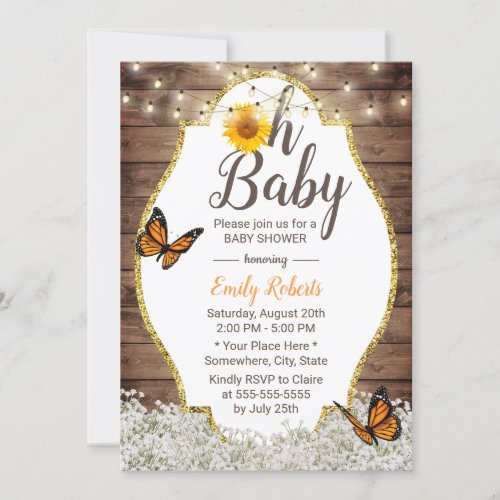 Oh Baby Shower Rustic Floral Sunflowers Butterfly Invitation