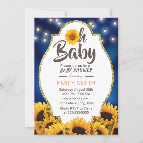 Oh Baby Shower Rustic Sunflowers Navy Blue Invitation