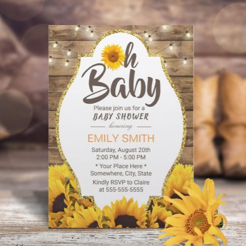 Oh Baby Shower Rustic Sunflowers  String Lights Invitation