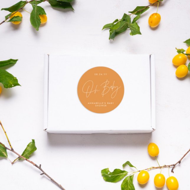 Oh Baby shower script modern orange elegant Classic Round Sticker (Creator Uploaded)