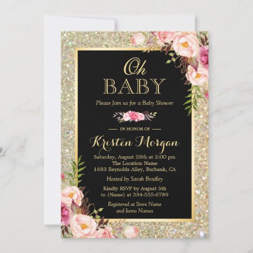 Oh Baby Shower Shiny Gold Glitter Sparkles Floral Card