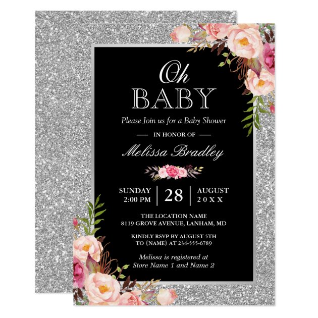 Oh Baby Shower Silver Glitter Sparkles Pink Floral Invitation