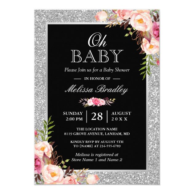 Oh Baby Shower Silver Glitter Sparkles Pink Floral Card (front side)