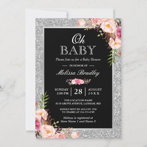 Oh Baby Shower Silver Glitter Sparkles Pink Floral Card