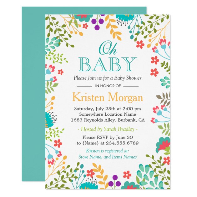 Oh Baby Shower Spring Floral Teal Green Invitation