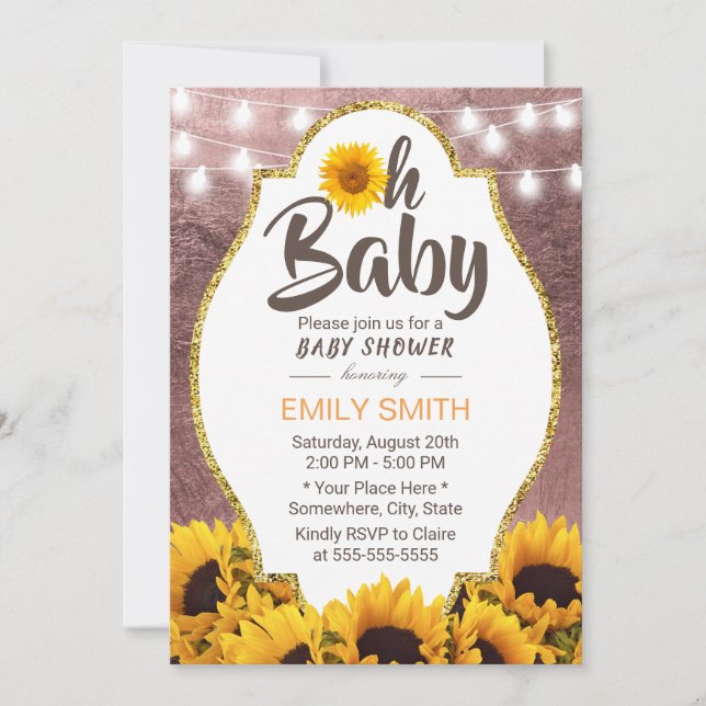 Oh Baby Shower Sunflowers String Lights Rose Gold Invitation (Front)