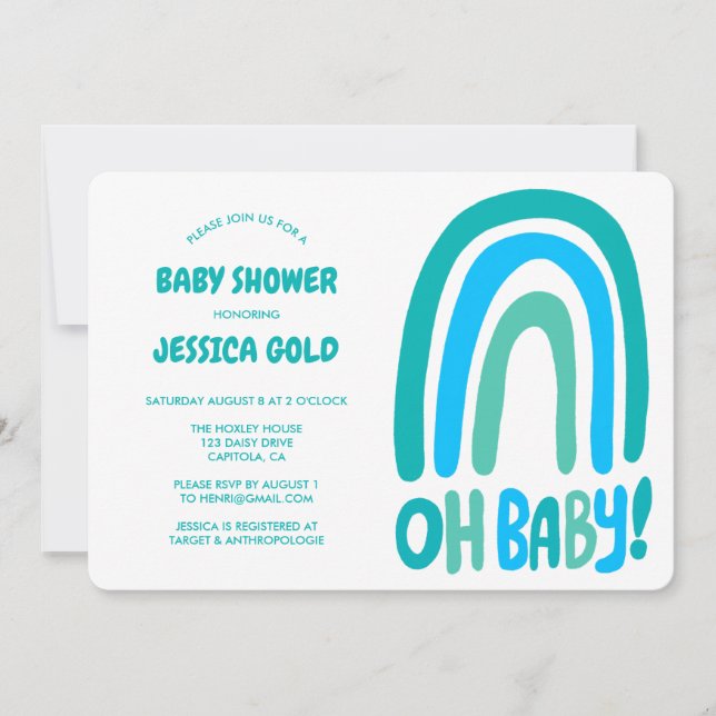OH BABY SHOWER Sweet Blue Rainbow CUSTOM QR CODE Invitation (Front)
