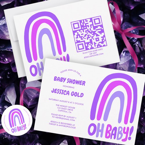 OH BABY SHOWER Sweet Purple Rainbow CUSTOM QR CODE Invitation