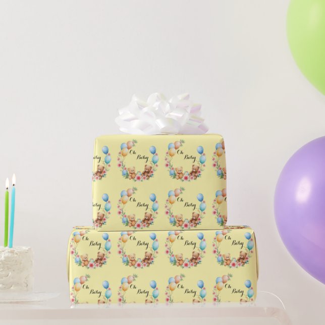 Oh Baby shower teddies & balloons Wrapping Paper (Party Gifts)