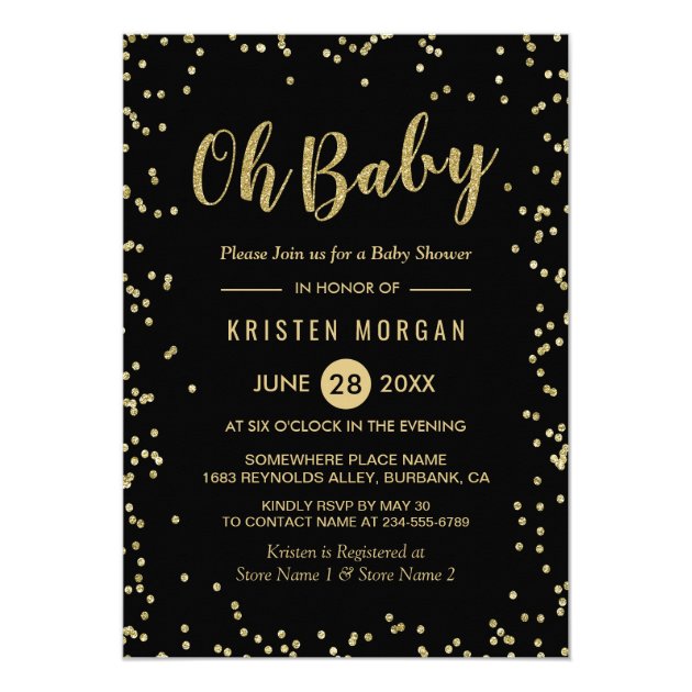 Oh Baby Shower Trendy Black Gold Glitter Dots Invitation
